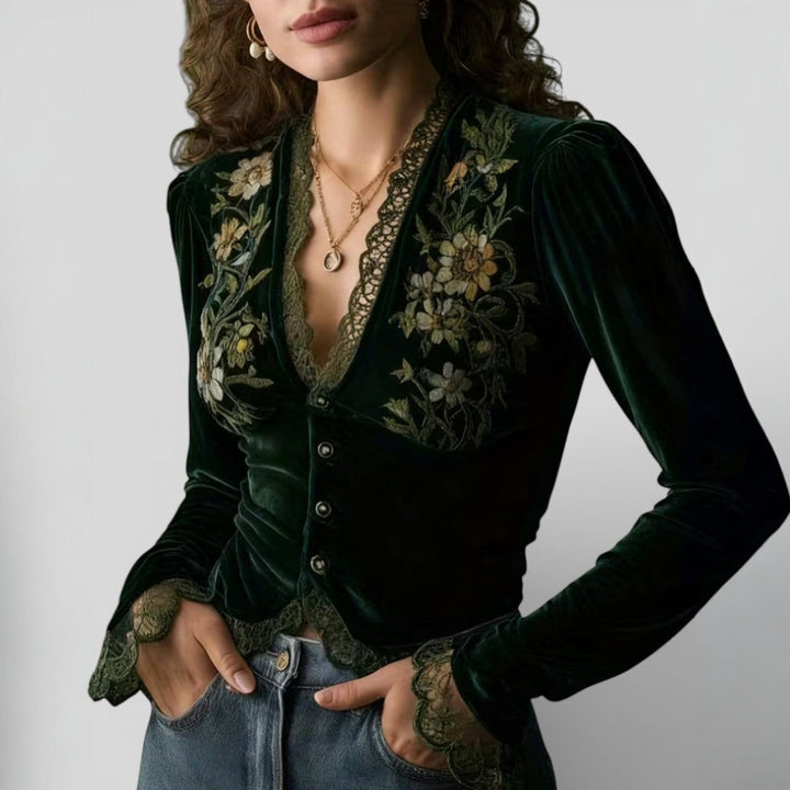 Isabel™ | Blusa in velluto con motivo floreale