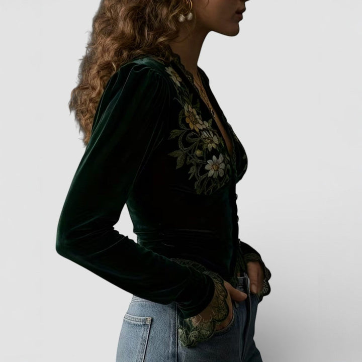 Isabel™ | Blusa in velluto con motivo floreale