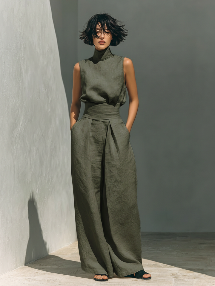 Set minimalista da donna in cotone e lino con blusa senza maniche e pantaloni a gamba larga