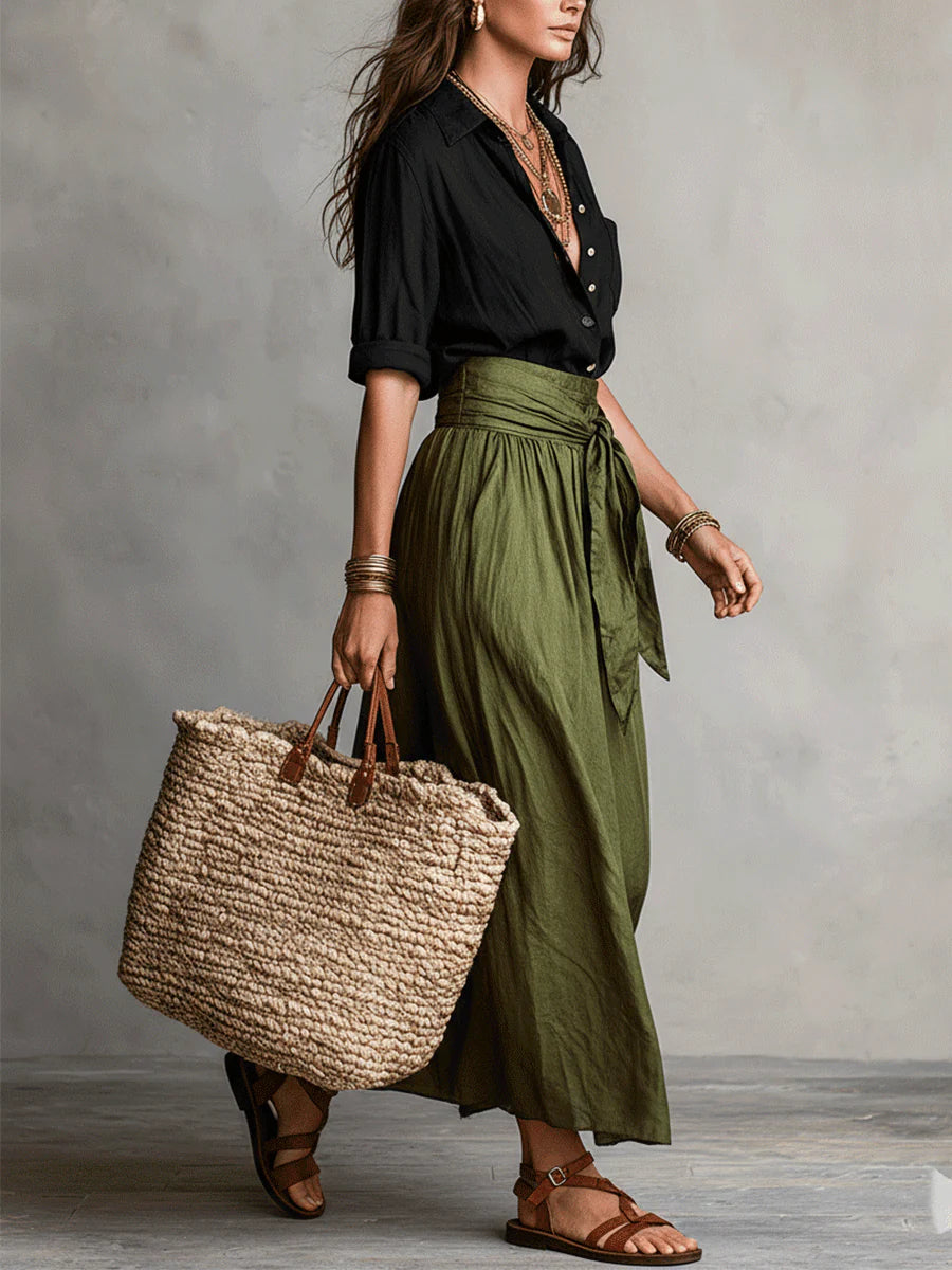 RIVER | Set di Due Pezzi: Top Nero e Gonna Midi Verde Oliva