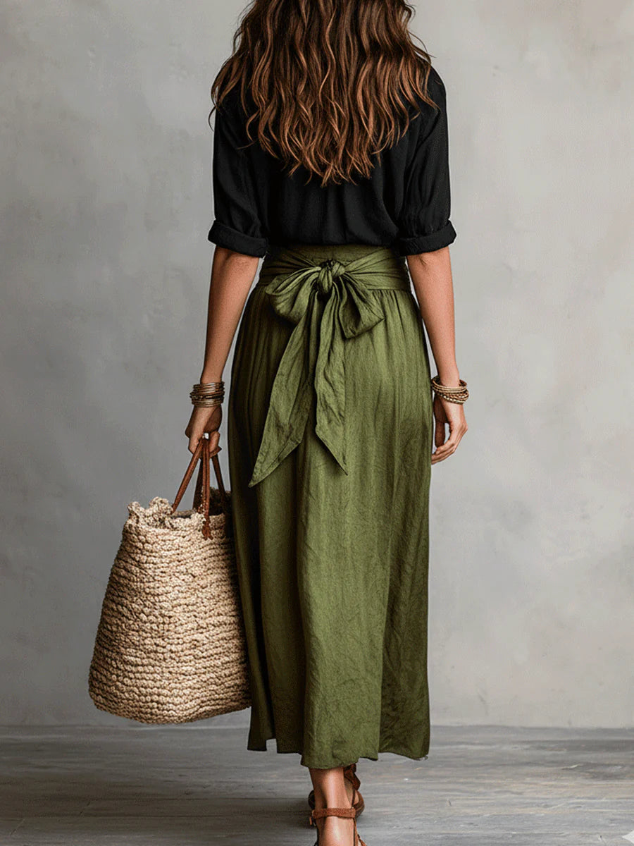 RIVER | Set di Due Pezzi: Top Nero e Gonna Midi Verde Oliva