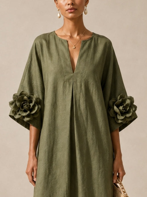 Mia Abito Midi Verde Oliva con Scollo a V e Maniche Floreali Stravaganti
