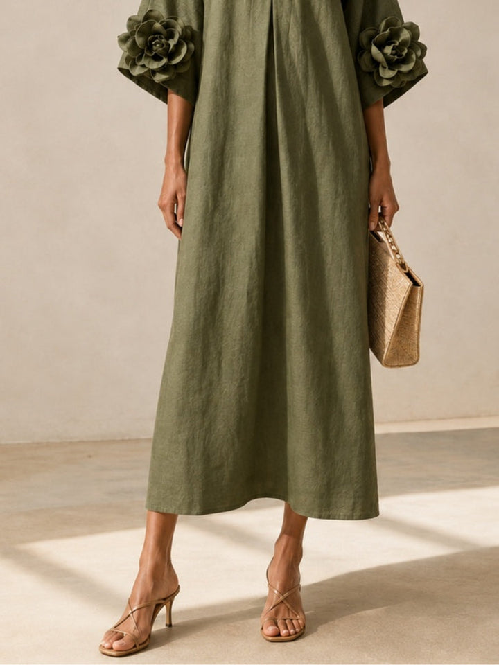 Mia Abito Midi Verde Oliva con Scollo a V e Maniche Floreali Stravaganti
