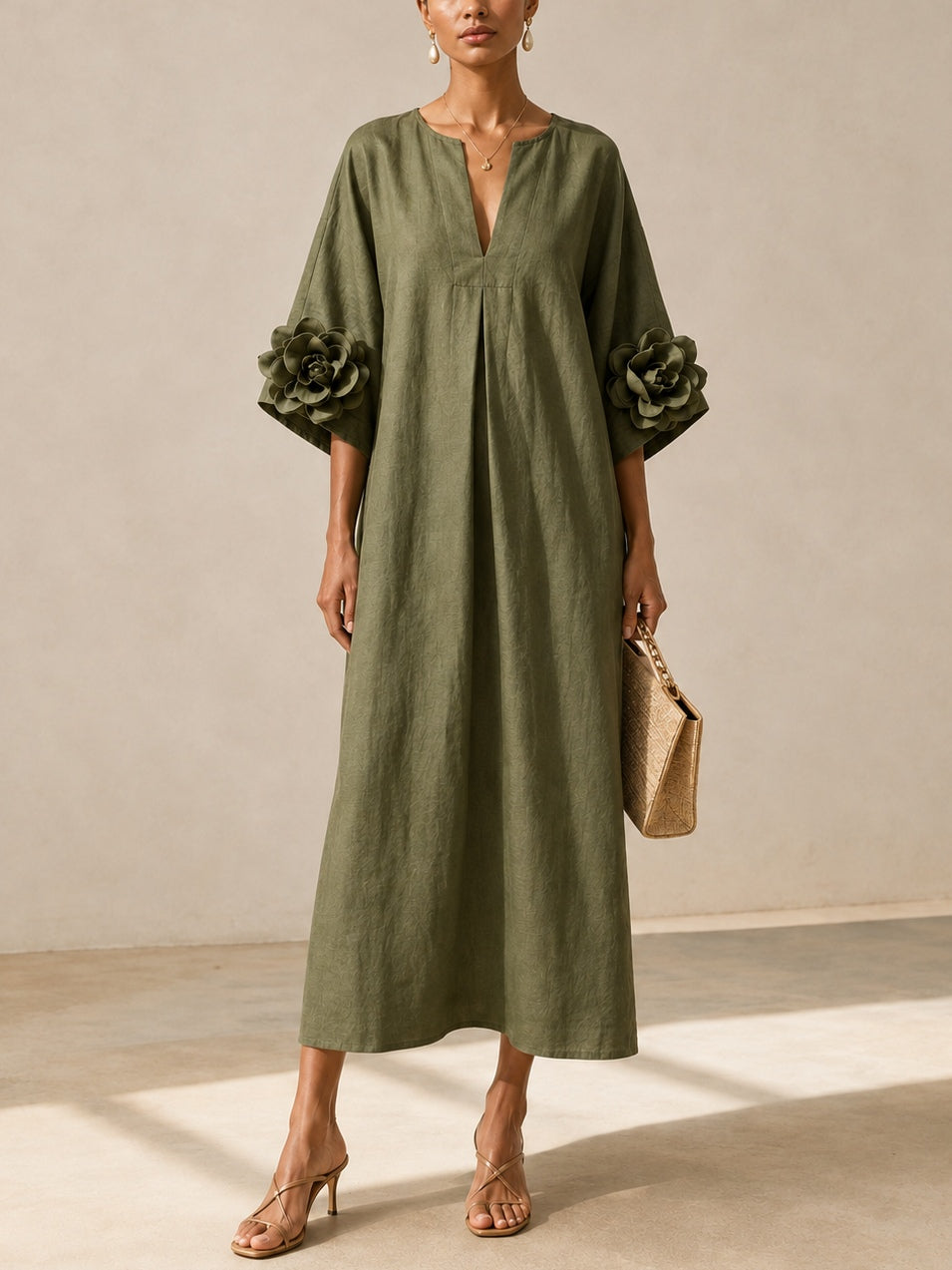 Mia Abito Midi Verde Oliva con Scollo a V e Maniche Floreali Stravaganti