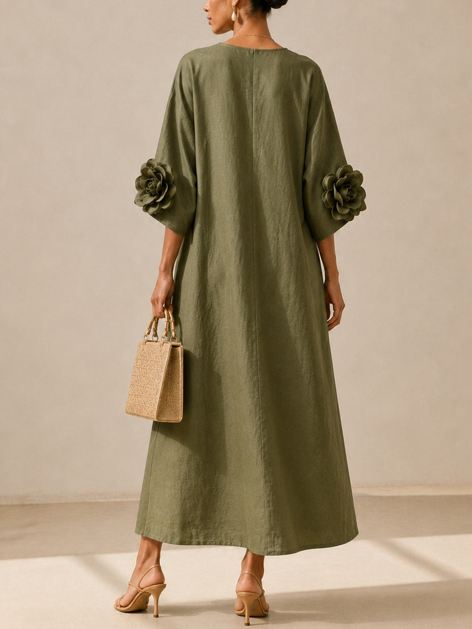 Mia Abito Midi Verde Oliva con Scollo a V e Maniche Floreali Stravaganti