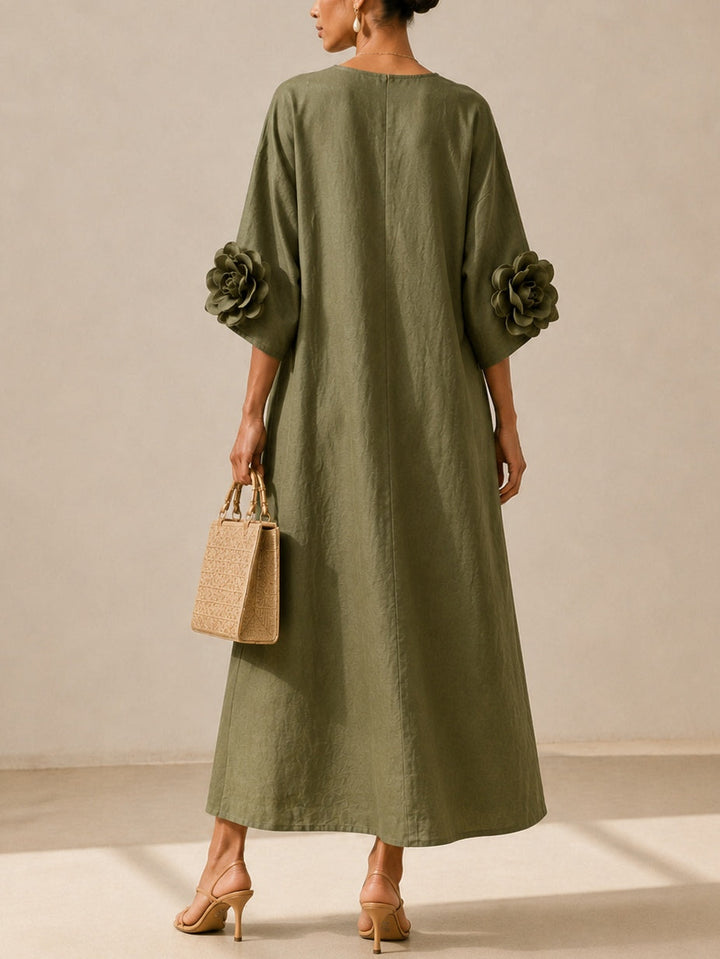 Mia Abito Midi Verde Oliva con Scollo a V e Maniche Floreali Stravaganti