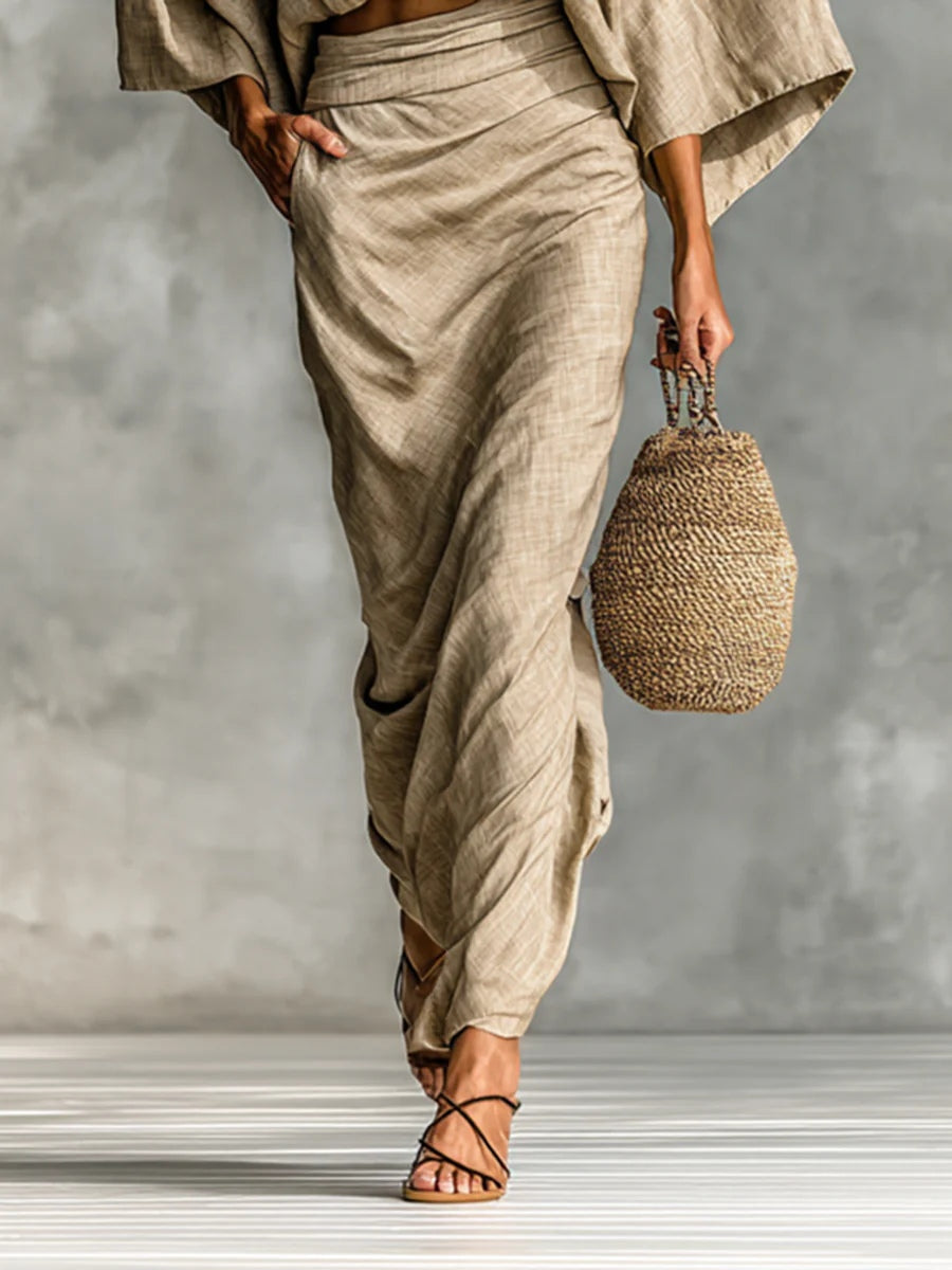 WILLOW | Set di Due Pezzi Beige con Top a Manica A Pipistrello e Gonna Lunga per un&