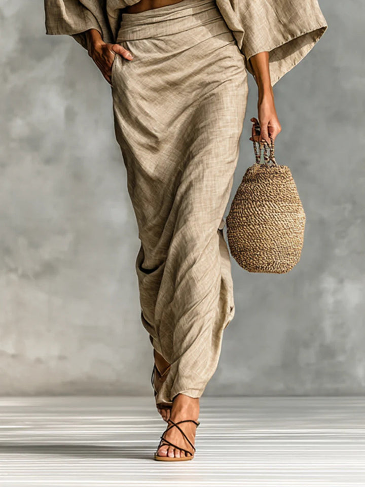 WILLOW | Set di Due Pezzi Beige con Top a Manica A Pipistrello e Gonna Lunga per un&