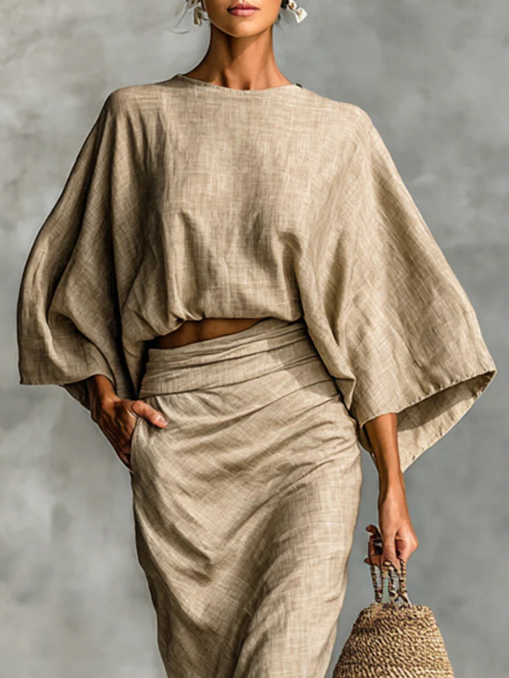 WILLOW | Set di Due Pezzi Beige con Top a Manica A Pipistrello e Gonna Lunga per un&