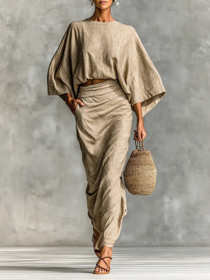 WILLOW | Set di Due Pezzi Beige con Top a Manica A Pipistrello e Gonna Lunga per un&
