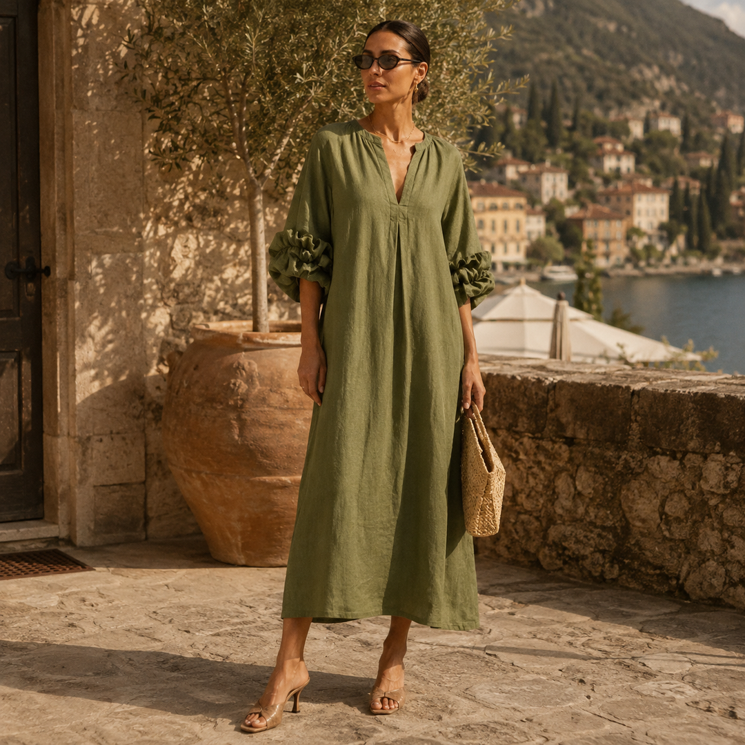 Mia Abito Midi Verde Oliva con Scollo a V e Maniche Floreali Stravaganti